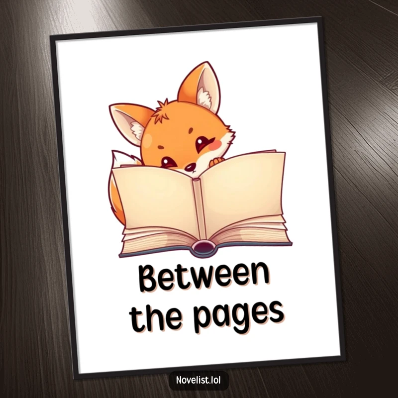 Funny digital art print of a curious fox peeking from a large, open storybook, creating a whimsical and inviting atmosphere.