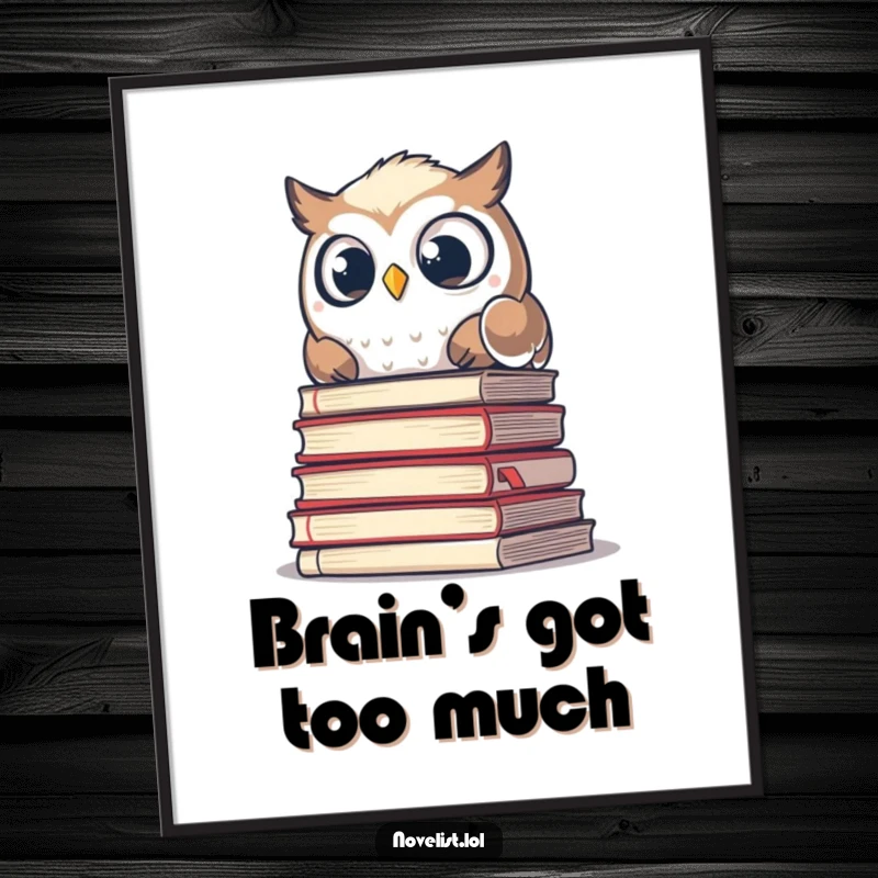 Funny digital artwork of a wide-eyed owl surprised behind a pile of old manuscripts, ready to be printed and framed.
