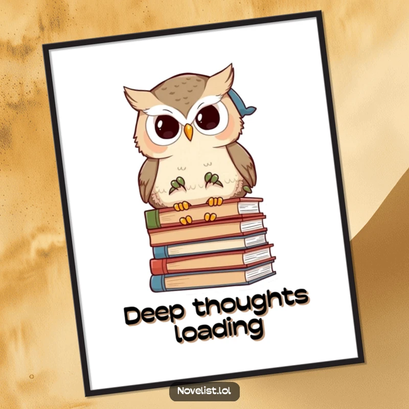 Funny wise owl character with a stack of books as digital art, offering a humorous and intellectual aesthetic.