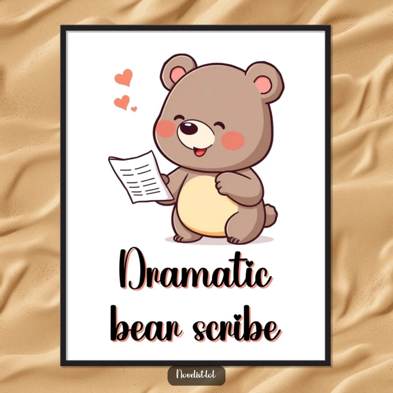Funny digital art print of a bear character dramatically gesturing while dictating a story, adding a humorous and artistic element to home decor.