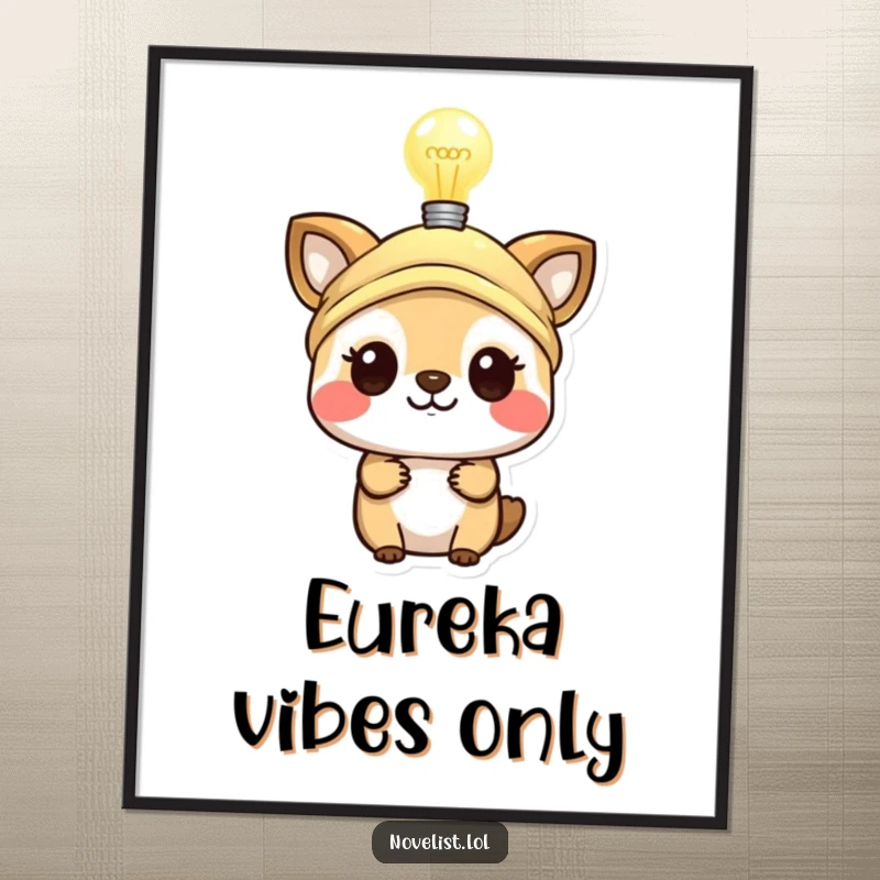 Funny digital art print of a small animal wearing a thinking cap, lightbulb glowing, symbolizing smarts and creative ideas.