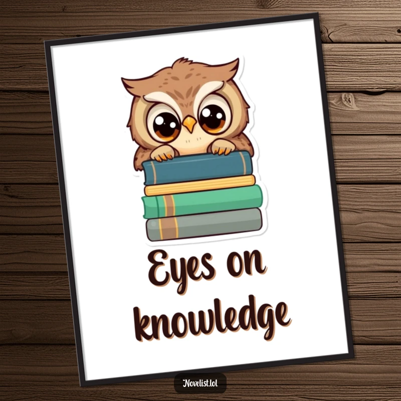 Funny digital art print, wise owl peeking over stacked books, wide eyes, intellectual and humorous decor for funny gift enthusiasts.