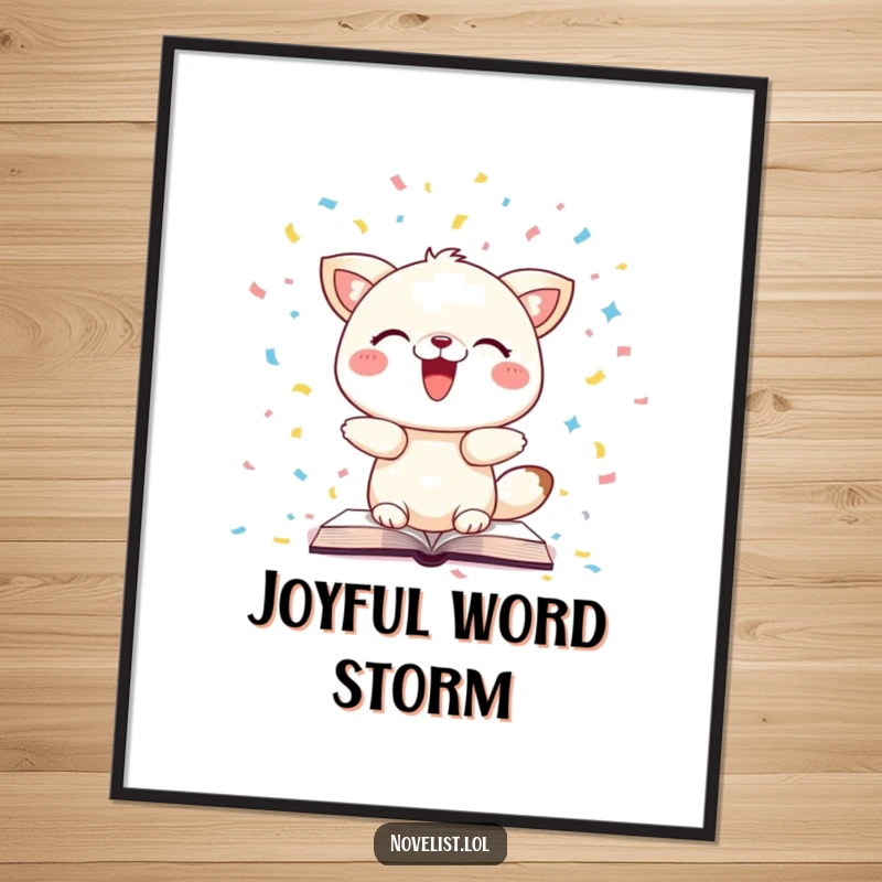 Funny digital art print of a joyful animal scattering book pages like confetti, perfect for vibrant and humorous wall decor.