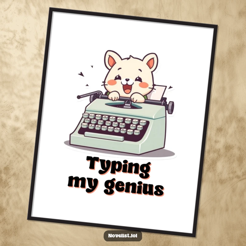 Funny digital art print of a cute animal character typing on a vintage typewriter, keys flying, creating a vibrant and humorous visual.