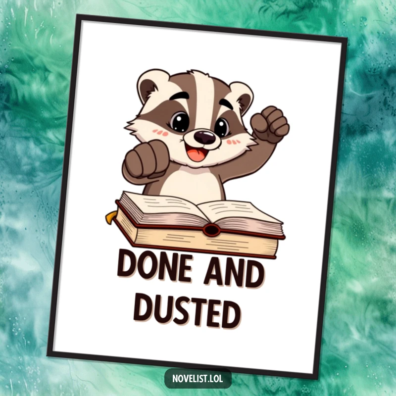 Funny cheerful badger character striking a written page as digital art, offering assertive and humorous decor.