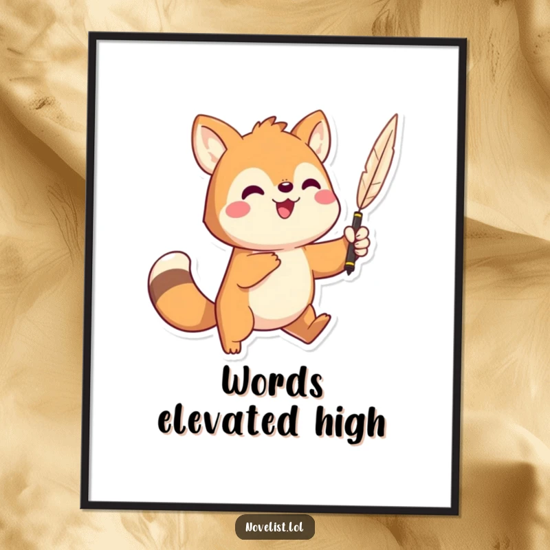 Funny digital art print of a playful animal striking a dramatic pose, holding a quill pen high with flair.