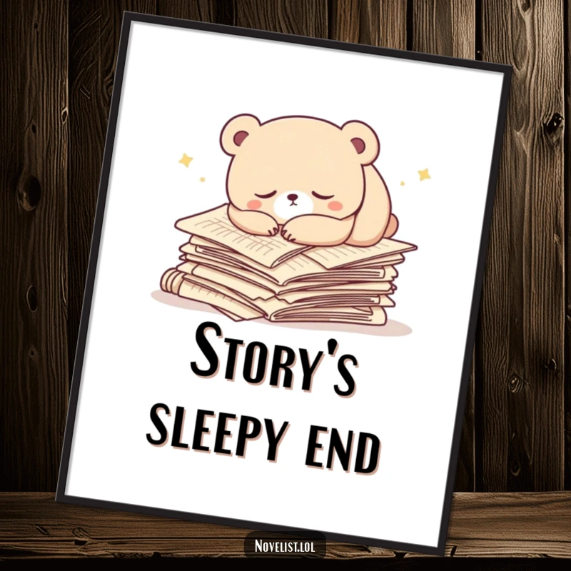 Funny digital art print of a sleepy bear character peacefully napping on a stack of manuscript papers. Whimsical and humorous art.