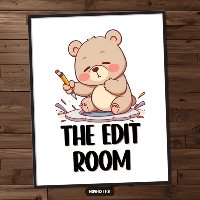 Funny digital art print of a clumsy bear attempting to swat a plot hole with a pen, embodying the creative writing process.
