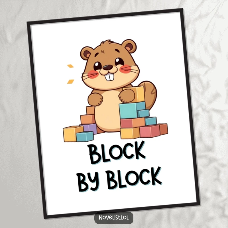 Funny digital art print of a jovial beaver happily building a story structure with blocks, humming contentedly, instant decor for creatives.