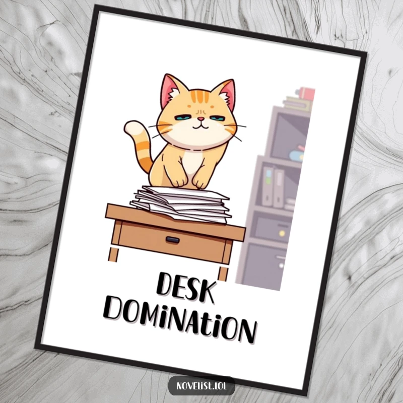 Funny digital art print, determined cat jumping onto desk, papers, office humor, relatable and humorous decor for funny gift enthusiasts.