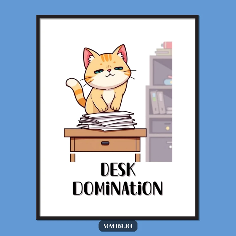 Funny Cat Desk Domination Print: Determined Feline Art for Walls