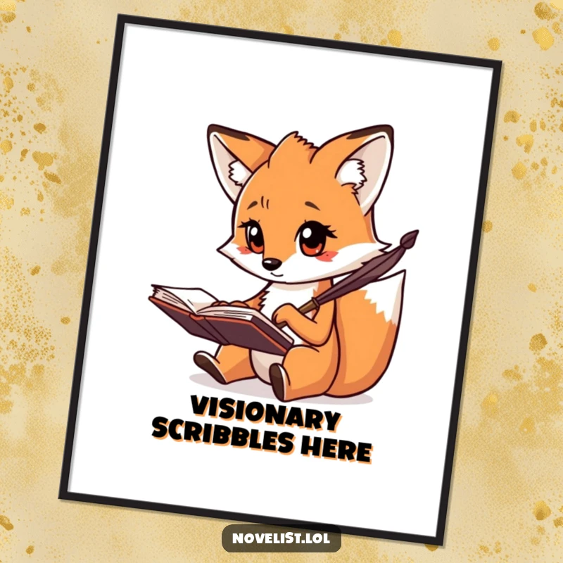 Funny digital art print of a creative fox with a focused gaze, scribbling notes with a quill, sophisticated funny decor.