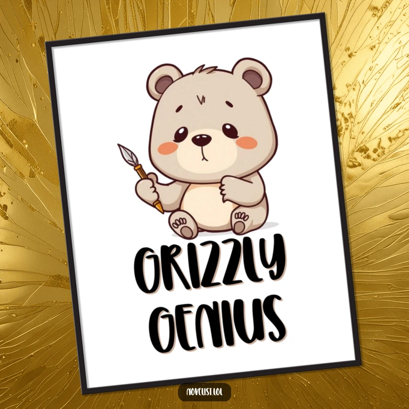 Funny Digital Art Print showing a determined bear holding a quill pen aloft, eyes full of thought, ready to inspire.