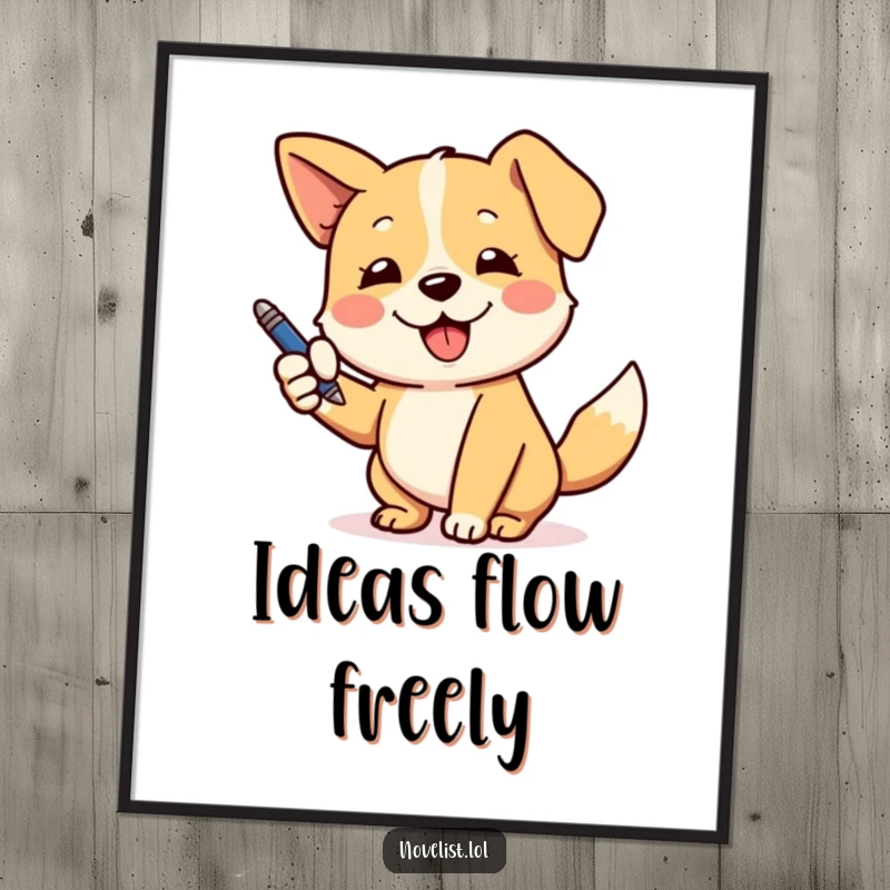 Funny digital artwork of an energetic dog wagging its tail and gesturing dramatically with a pen, ready to be printed.