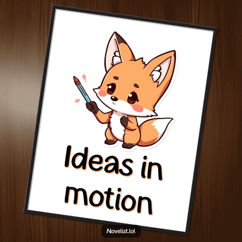 Funny digital art print, kawaii fox dramatically gesturing with a pen, thoughtful look, high-quality decor for funny gift enthusiasts.