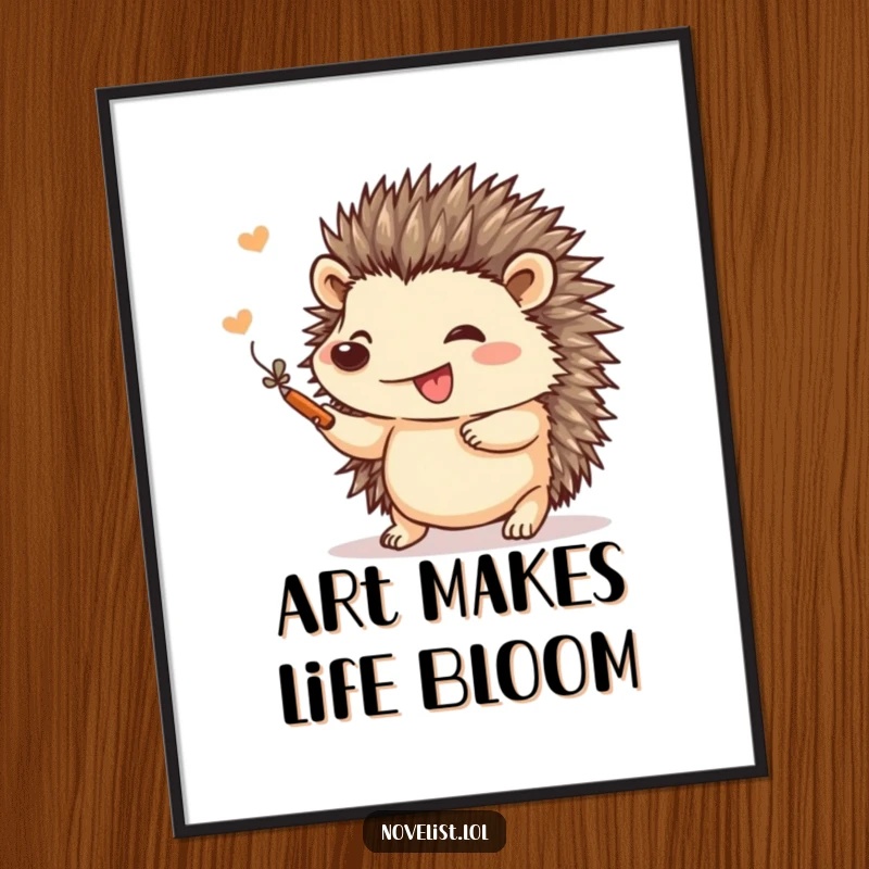 Funny digital art print of a small hedgehog gleefully adding a flourish to a drawing, ideal for instant, creative wall decor.