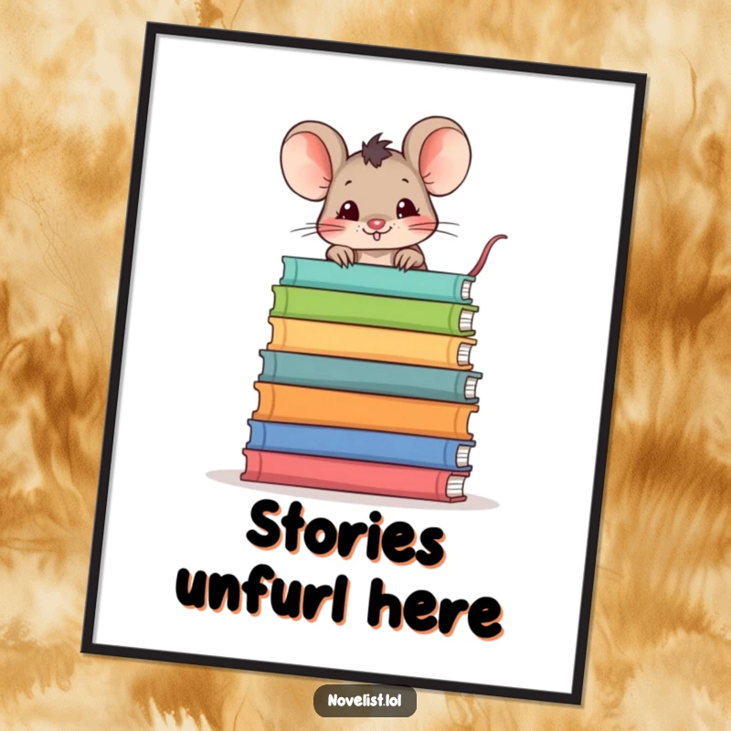 Funny digital art print of a mischievous mouse peeking over a stack of books, ideal for instant, humorous home decor.