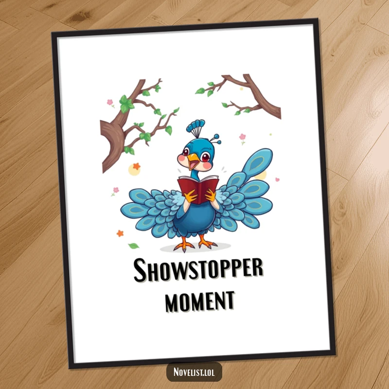 Funny digital art print of a dramatic peacock character acting out a scene from a novel, instant decor for bookish thespians.