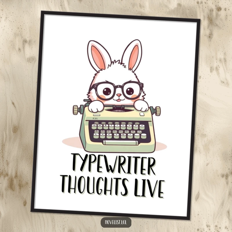 Funny digital art print of a fluffy rabbit wearing askew spectacles, typing on a vintage typewriter, ideal for instant humorous decor.