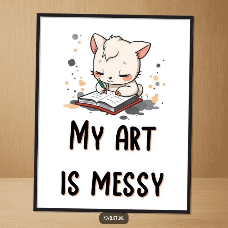 Funny digital art print of a whimsical animal character scribbling furiously in a notebook with ink splatters, creating vibrant, humorous art.