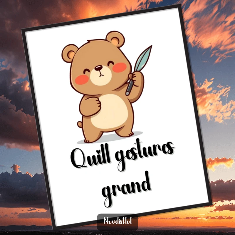Funny Digital Art Print: A cheerful bear animal character dramatically gesturing with a quill pen, a humorous and expressive piece for instant wall decor.