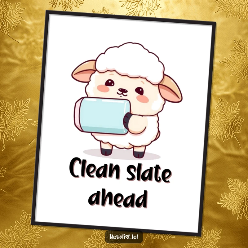 Funny digital art print of a sheep using a comically large eraser to remove a sentence, ideal for instant, humorous home decor.