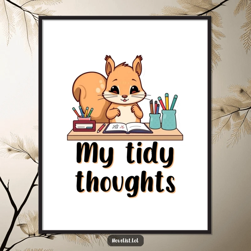 Funny digital art print of a diligent squirrel character carefully arranging writing tools on a desk. High-resolution, humorous, and artistic.