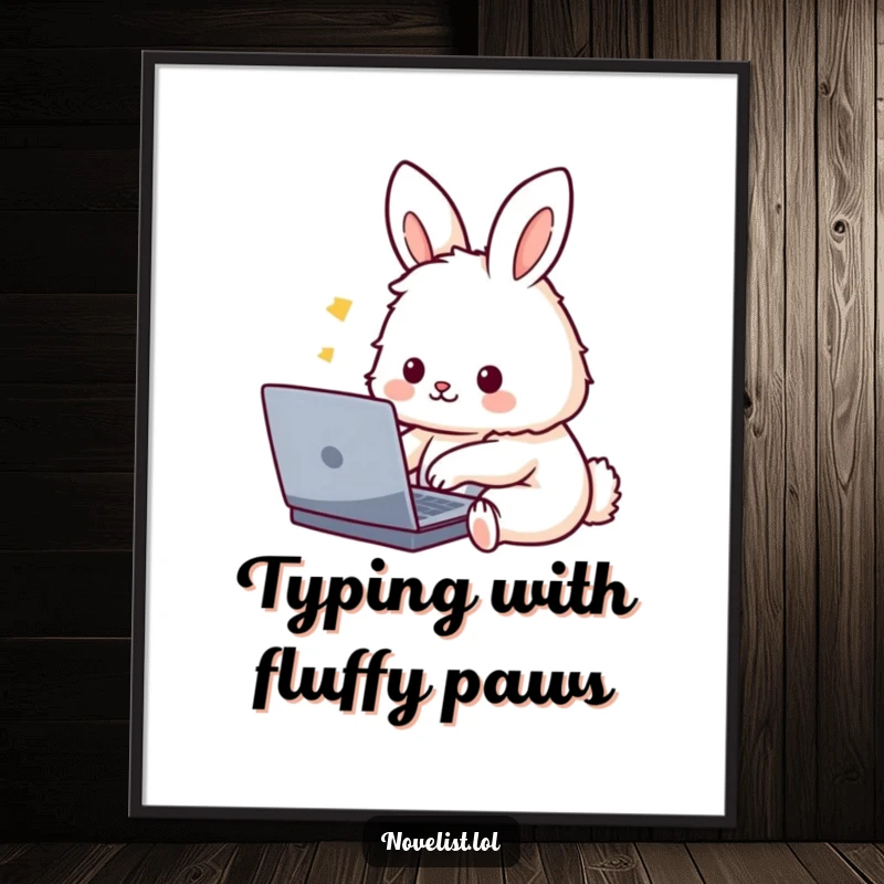 Funny Digital Art Print: A cute, fluffy rabbit character enthusiastically typing on a laptop, a humorous and charming piece for instant wall decor.