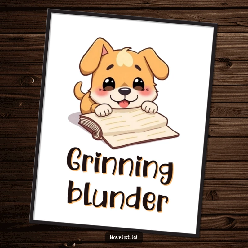 Funny digital art of a dog character comically tripping over a manuscript, wearing a surprised grin.