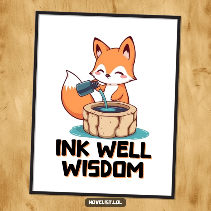 Funny Digital Art Print: A happy fox animal character pouring ink from a bottle into a well, a humorous and artistic piece for instant wall decor.