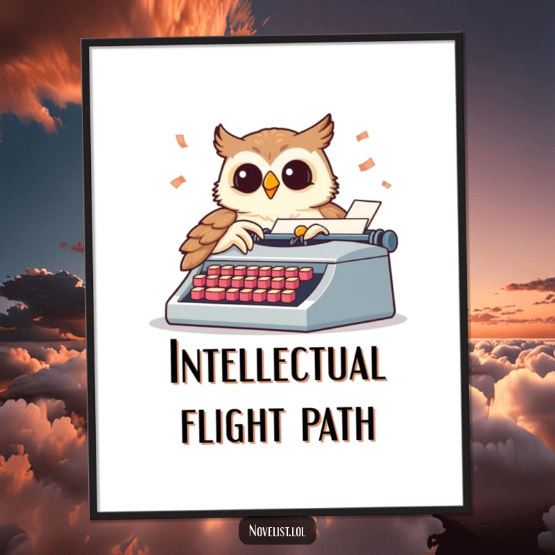 Funny digital art print of a wise owl pecking a typewriter with flying keys, energetic and humorous wall art.