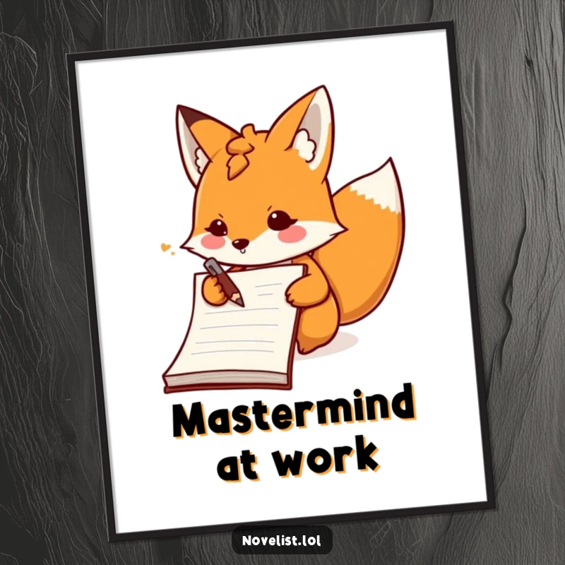 Funny determined fox character scribbling in a notebook as digital art, offering energetic and humorous decor.