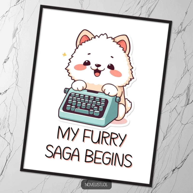 Funny Digital Art Print of a fluffy animal character excitedly typing on a tiny typewriter with its paws, perfect for decor.