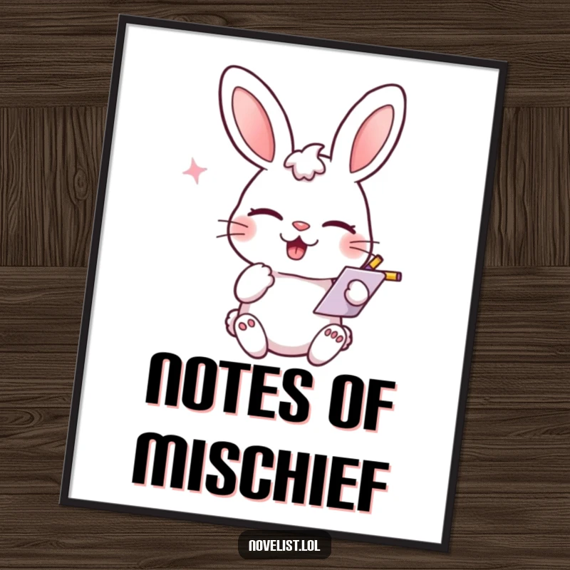 Funny digital art print, winking rabbit scribbling notes, playful smirk, cheerful and humorous decor for funny gift enthusiasts.