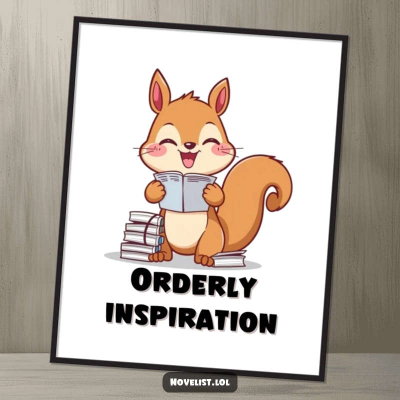 Funny Digital Art Print: Diligent squirrel organizing papers with glee, perfect for motivational wall decor, a versatile and funny gift.
