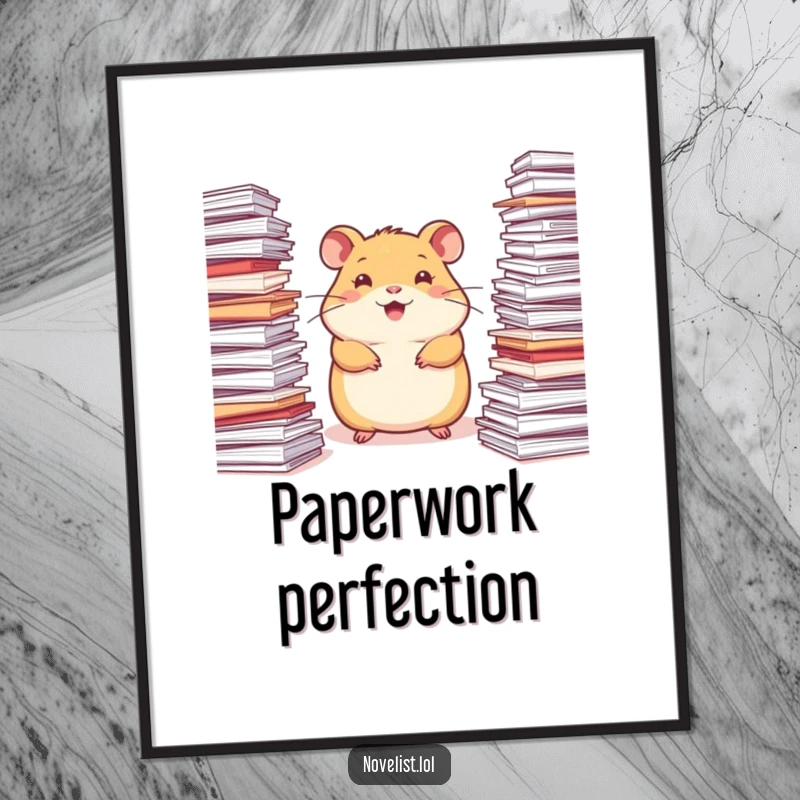 Funny Hamster Digital Art Print: A happy hamster surrounded by stacks of paper, looking inspired, perfect for cheerful decor.