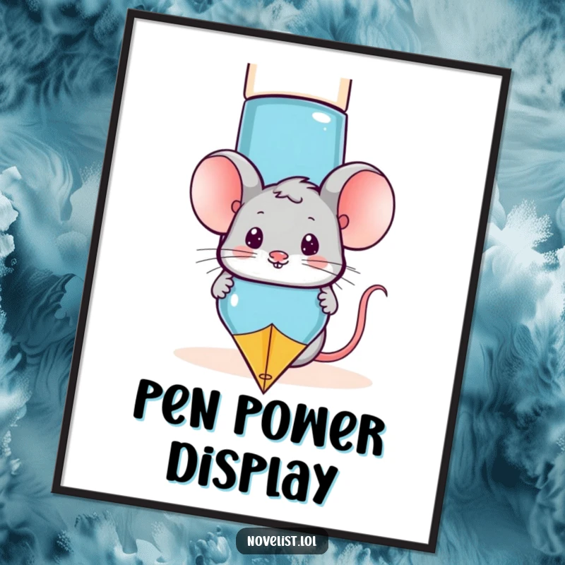 Funny mouse character peeking from behind a large fountain pen, digital art download for instant humorous decor.