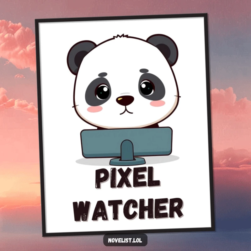Funny panda character intensely focused on a blinking computer cursor, digital art download for instant humorous workspace decor.
