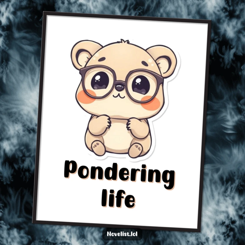 Funny Digital Art Print: Spectacled animal contemplating a word, conveying intellectual charm and curiosity.