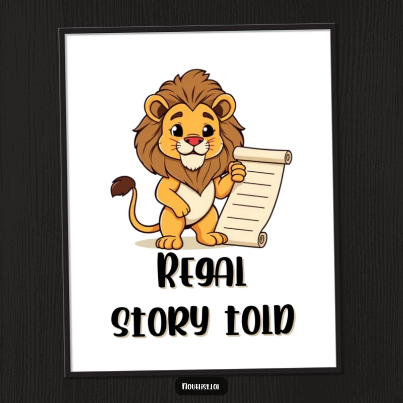 Funny digital art print of a proud lion striking a regal pose next to a flowing manuscript. High-resolution, majestic, and humorous art.