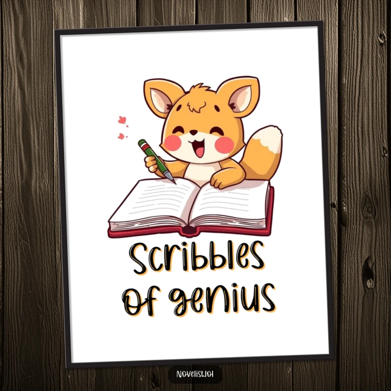 Funny digital art print of an energetic animal character excitedly scribbling in a large open notebook with joyous abandon.