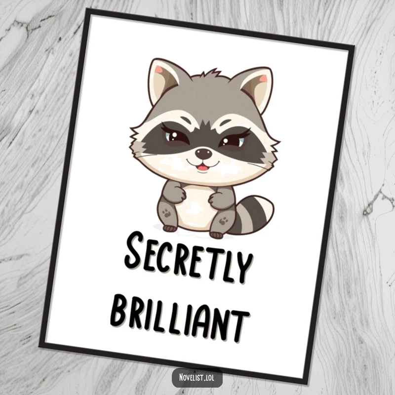 Funny digital art print of a witty raccoon character typing a secret story with a mischievous wink, instant decor for witty minds.