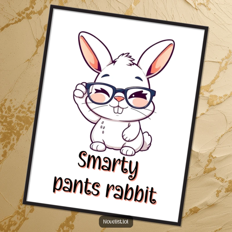 Funny digital artwork of a winking rabbit adjusting reading glasses with a creative grin, ready to be printed.