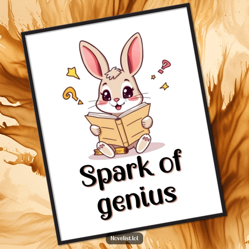Funny digital art print of a curious rabbit with sparkling eyes reading a giant manuscript, whimsical and inspirational decor.