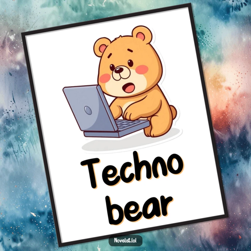 Funny Bear Typing Digital Art: Cute bear types on laptop with curious expression, instant humorous wall decor.