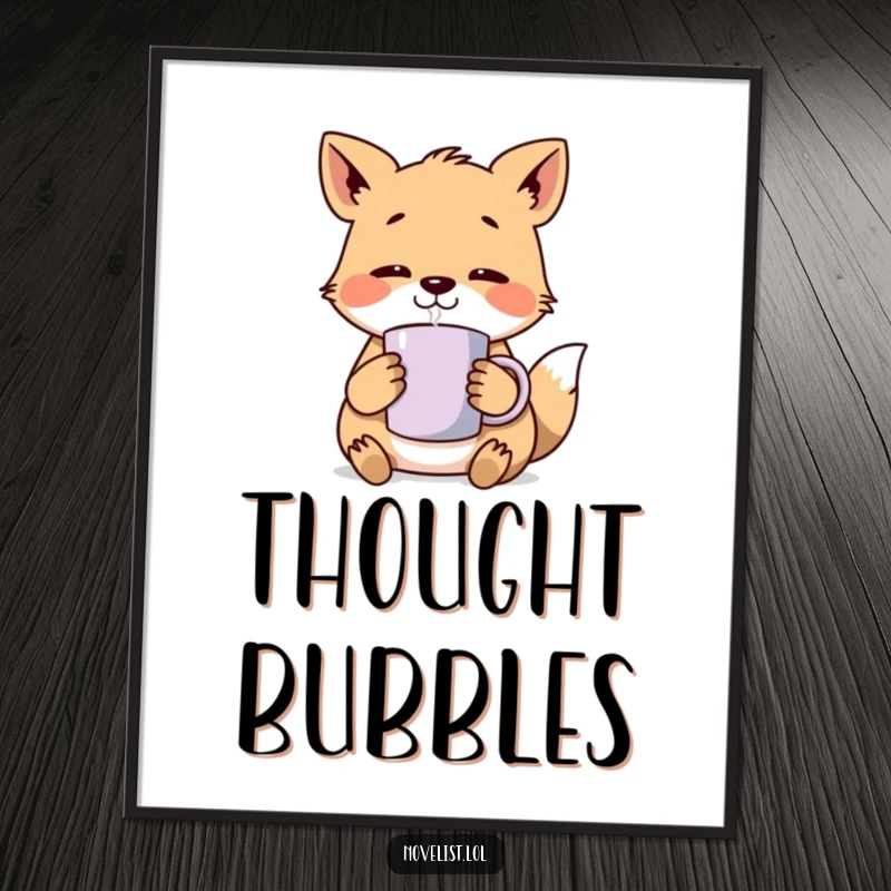 Funny Digital Art Print: High-quality artwork of an animal character lost in thought with a steaming mug, perfect for humorous cozy decor.
