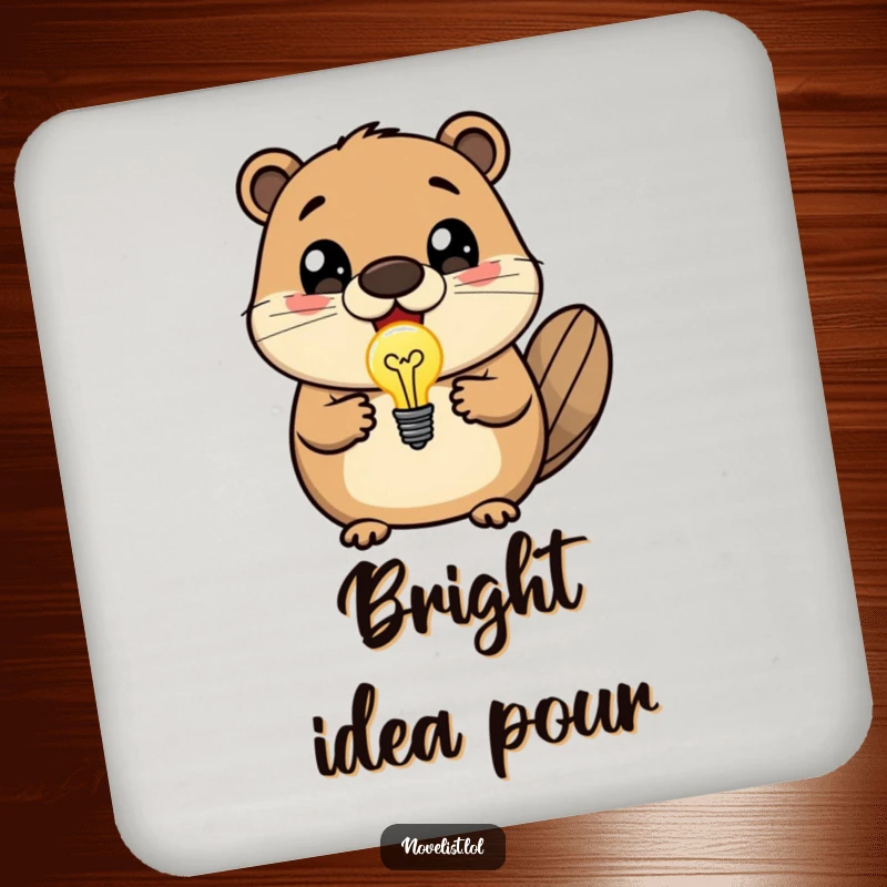 Funny drink coaster featuring a delighted beaver holding a bright lightbulb, symbolizing genius and protecting surfaces.