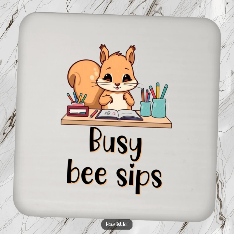 Funny drink coaster with a diligent squirrel character arranging writing tools on a desk. A humorous and practical table accessory.