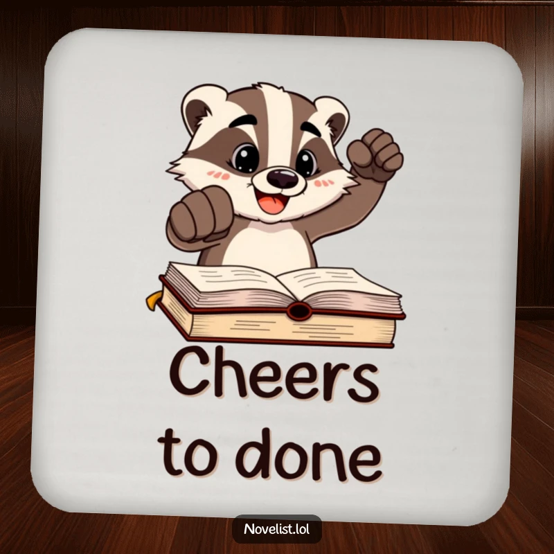 Funny cheerful badger character slamming a fist on a written page on a set of coasters, providing protection with assertive humor.