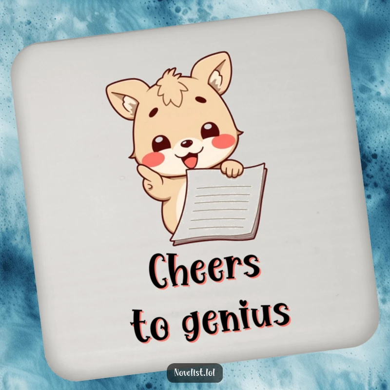 Funny drink coaster depicting a cute animal character passionately pointing at a manuscript with a smile, protecting your furniture.
